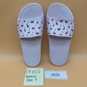 Crocs Womens Size 7 Slides Flamingo Print White Pink Comfort Lightweight Slip On